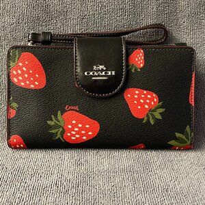 NWOT Coach Phone Tech Wallet Black with Strawberry Print